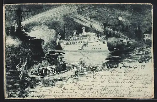 Künstler-AK Carl Jander: Kiel, Salut bei Nacht