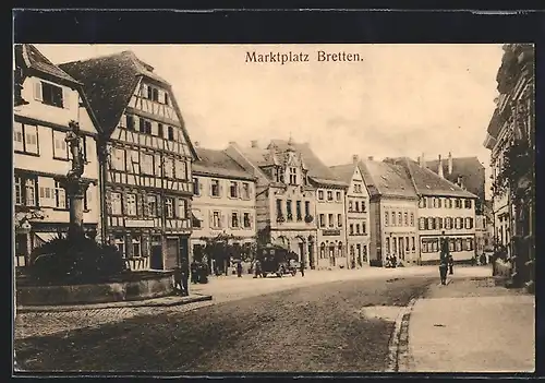 AK Bretten, Strasse am Marktplatz mit Brunnen