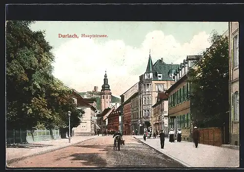AK Durlach, Hauptstrasse mit Blick zum Turmberg
