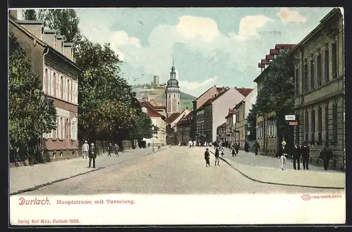 AK Durlach, Hauptstrasse mit Turmberg und Kirche