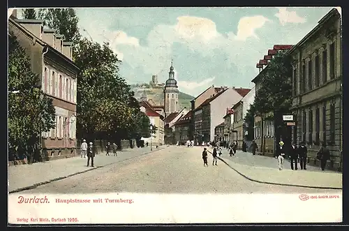 AK Durlach, Hauptstrasse mit Turmberg und Kirche