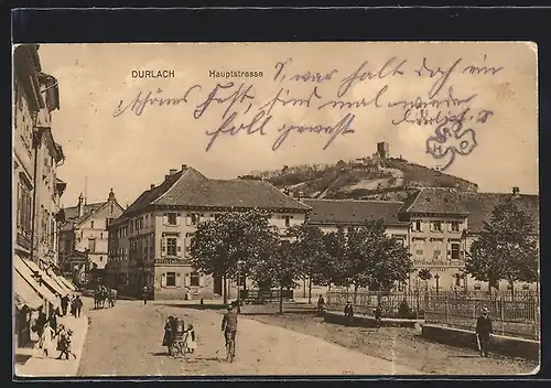 AK Durlach, Hauptstrasse mit Blick zum Turmberg