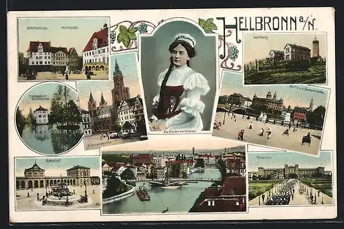 AK Heilbronn a. N., Kaserne, Bahnhof, Marktplatz