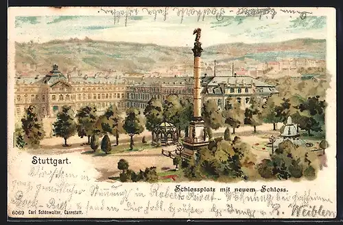 Lithographie Stuttgart, Schlossplatz mit neuem Schloss