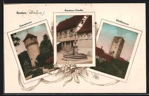 AK Bretten / Baden, Pfeifferturm, Simmelturm und Brettener Hundle