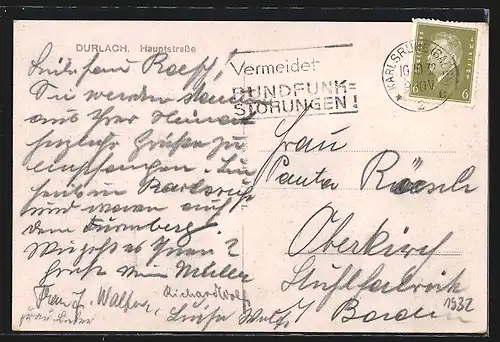 AK Durlach, Hauptstrasse mit Passanten und Litfasssäule