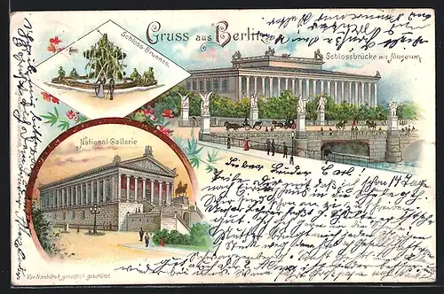 Lithographie Berlin, Schlossbrücke mit Museum, National-Gallerie und Schloss-Brunnen