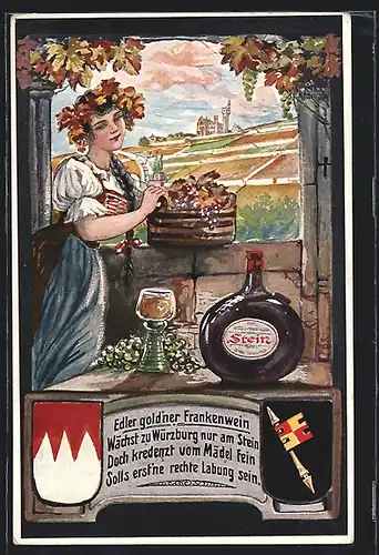 AK Würzburg, Reklame für Frankenwein, junge Dame mit Weinkorb, Wappen