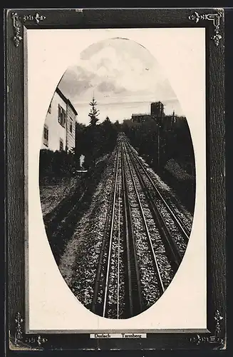 AK Durlach, Blick zum Turmberg, Gleise der Bergbahn, Passepartout