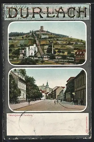 AK Durlach, Turmberg mit Bergbahn, Blick in die Hauptstrasse