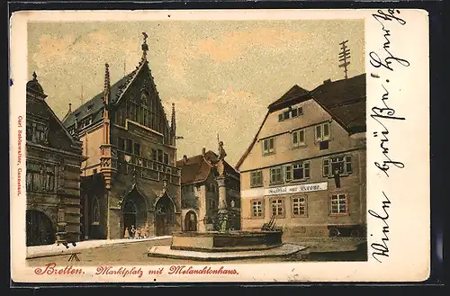 AK Bretten, Marktplatz mit Melanchtonhaus, Gasthof zur Krone