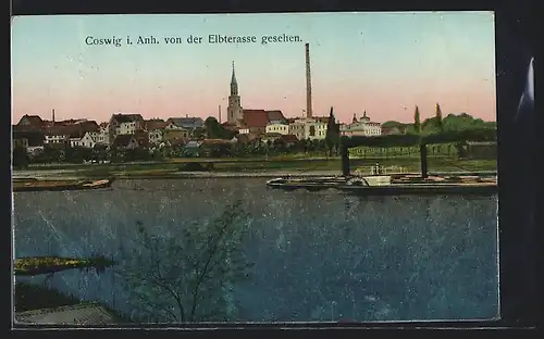 AK Coswig i. Anh., Panorama von der Elbterrasse gesehen, Dampfer auf der Elbe