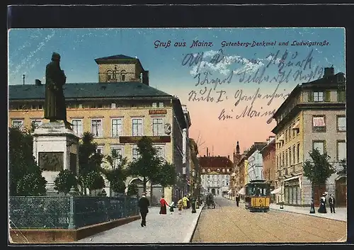 AK Mainz, Ludwigstrasse mit Strassenbahn