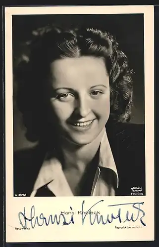 AK Schauspielerin Hansi Knoteck bezaubernd lächelnd, mit original Autograph