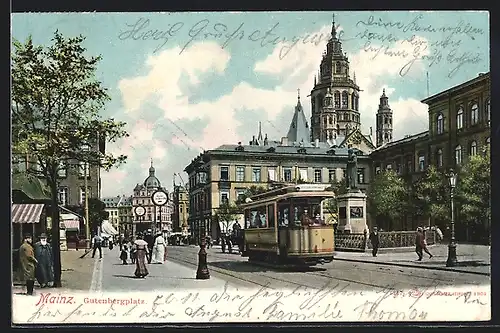 AK Mainz, Gutenbergplatz mit Strassenbahn