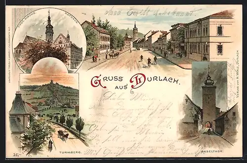 Lithographie Durlach, Basethor, Turmberg & Rathaus mit Prot. Kirche