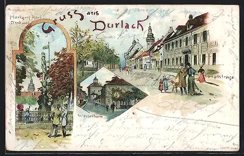 Lithographie Durlach, Wasserturm am Abend, Hauptstrasse, Markgraf Karl Denkmal