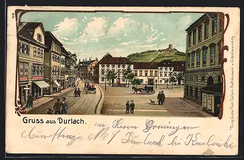 Lithographie Durlach, Motiv aus dem Ort