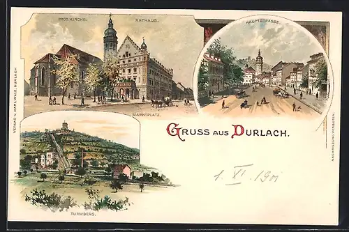 Lithographie Karlsruhe-Durchlach, Rathaus, Hauptstrasse & Turmberg