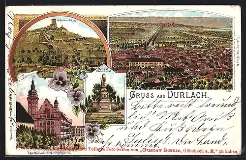 Lithographie Durlach, Gesamtansicht, Turmberg, Hengst-Denkmal, Rathaus und Kirchturm