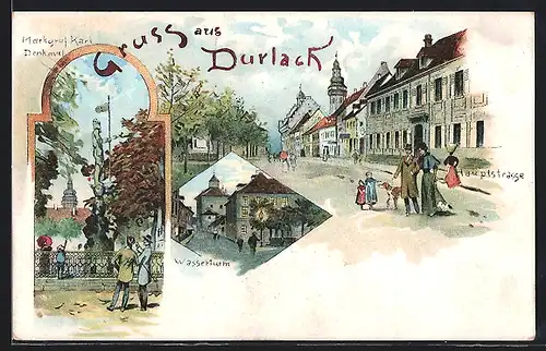 Lithographie Durlach, Wasserturm am Abend, Hauptstrasse, Markgraf Karl Denkmal