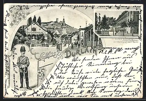 AK Durlach, Altes Schloss (Train-Kaserne) mit Markgraf Karl-Denkmal, Ortspartie mit Turmberg, Train