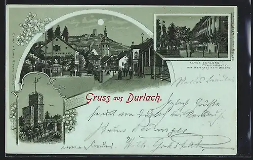 Lithographie Durlach, Ortspartie mit Gasthaus zum Grünen Hof, Altes Schloss mit Denkmal