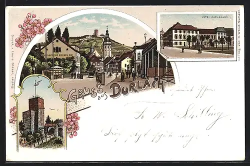 Lithographie Durlach, Strassenpartie, Altes Schloss, Gasthaus zum Grünen Hof