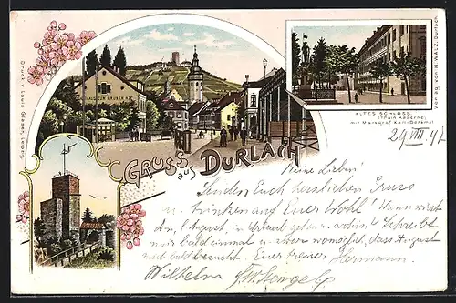 Lithographie Durlach, Strassenpartie, Altes Schloss, Gasthaus zum Grünen Hof