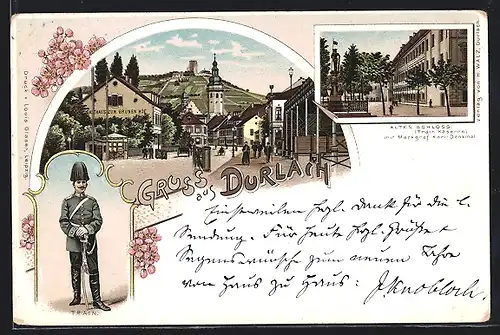 Lithographie Durlach, Strassenpartie, Altes Schloss, Gasthaus zum Grünen Hof