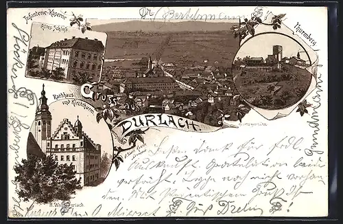 Lithographie Durlach, Thurmberg, Altes Schloss, Rathaus und Kirchturm, Ortsansicht