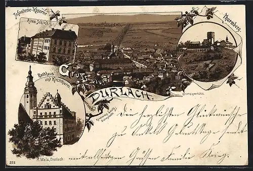 Lithographie Durlach, Thurmberg, Altes Schloss, Rathaus und Kirchturm, Ortsansicht aus der Vogelschau