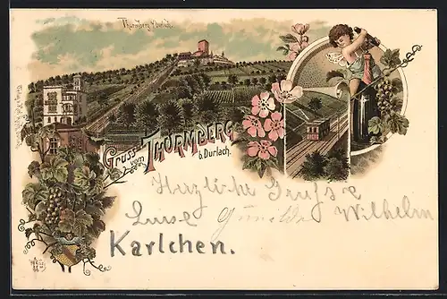 Lithographie Durlach, Thurmberg und Zahnradbahn