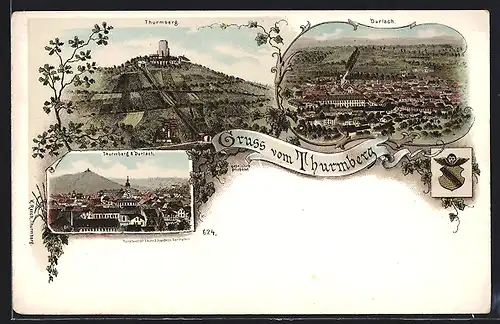 Lithographie Durlach, Gruss vom Thurmberg, Thurmberg und Durlach
