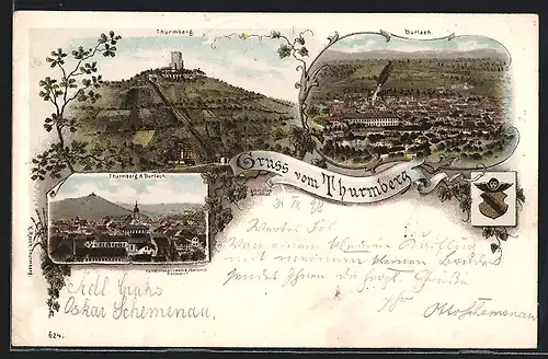 Lithographie Durlach, Panorama, Thurmberg