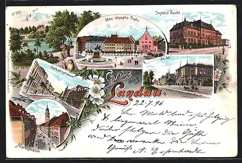 Lithographie Landau /Pf., Max-Josephs-Platz, Institut Brecht, Institut der Engl. Fräulein