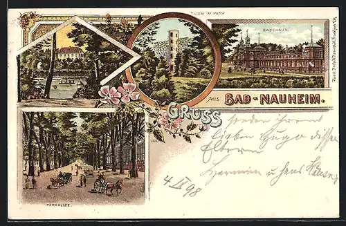 Lithographie Bad Nauheim, Parkallee, Badehaus