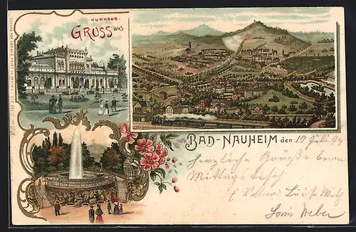 Lithographie Bad Nauheim, Gesamtansicht, Springbrunnen, Kurhaus