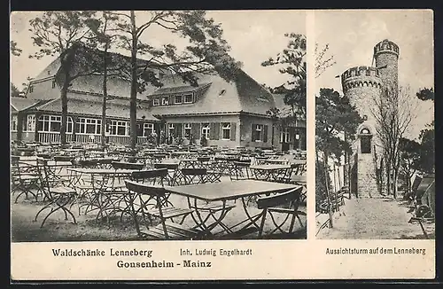 AK Mainz-Gonsenheim, Waldschänke Lenneberg, Inh. Ludwig Engelhardt, Aussichtsturm a. d. Lenneberg