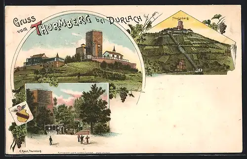 Lithographie Karlsruhe-Durlach, Partie und Blick zum Thurmberg