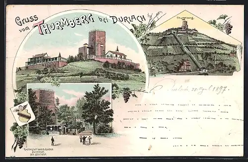 Lithographie Karlsruhe-Durlach, Partie und Blick zum Thurmberg