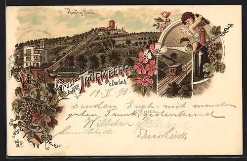 Lithographie Durlach, Turmberg mit Bergbahn