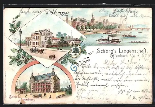Lithographie Offenbach a. M., Schloss Isenburg, Mainpartie mit Dampfer, Gaststätte Scherg`s Liegenschaft