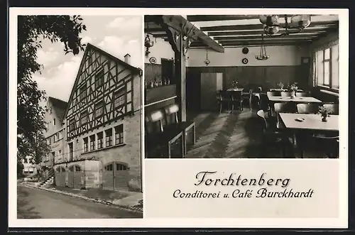 AK Forchtenberg, Coditorei-Cafe Burckhardt, Strassen- und Innenansicht