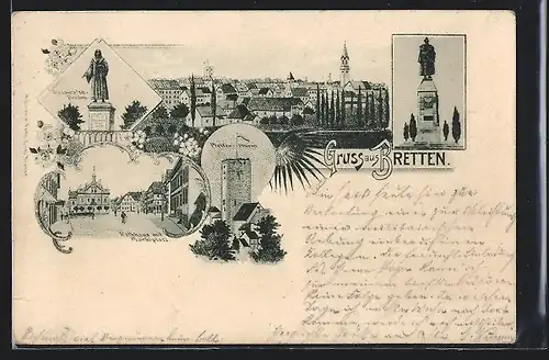 Lithographie Bretten, Melanchthon-Denkmal, Pfeiferturm, Rathaus mit Marktplatz, Ortsansicht aus der Vogelschau