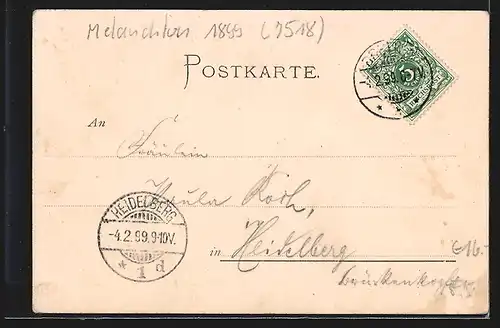 Lithographie Bretten, Melanchthon-Denkmal, Pfeiferturm, Rathaus mit Marktplatz, Ortsansicht aus der Vogelschau