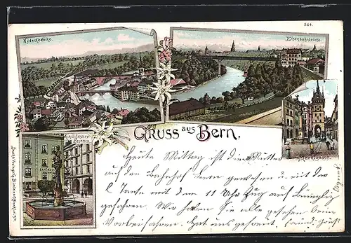 Lithographie Bern, Eisenbahnbrücke, Marktgasse, Kindlifresserbrunnen, Nydeckbrücke