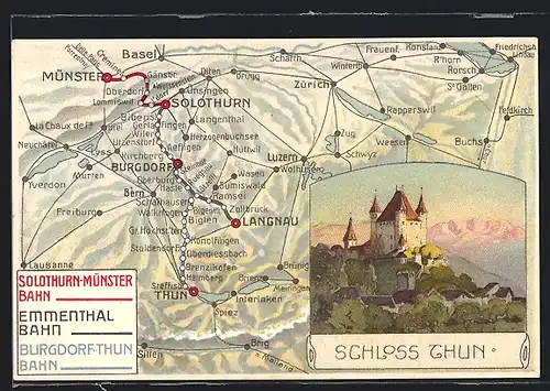 Lithographie Thun, Schloss Thun, Bahnnetz mit Burgdorf, Langnau und Solothurn