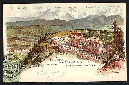 Lithographie Köniz, Panoramablick auf Gurten und Kurhotel