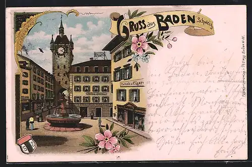 Lithographie Baden, Platz mit Brunnen und Hotel Engel
